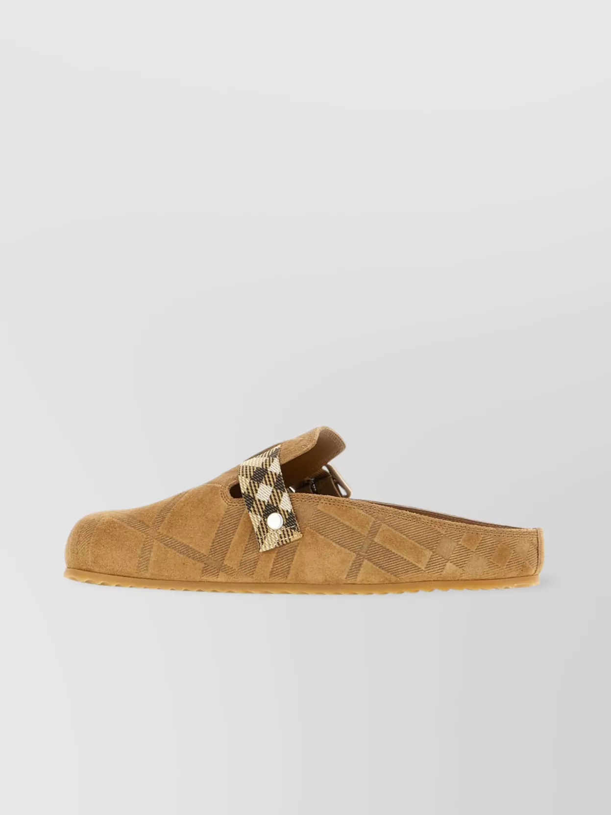 Burberry Suede Slippers With Buckle Detail And Textured Finish