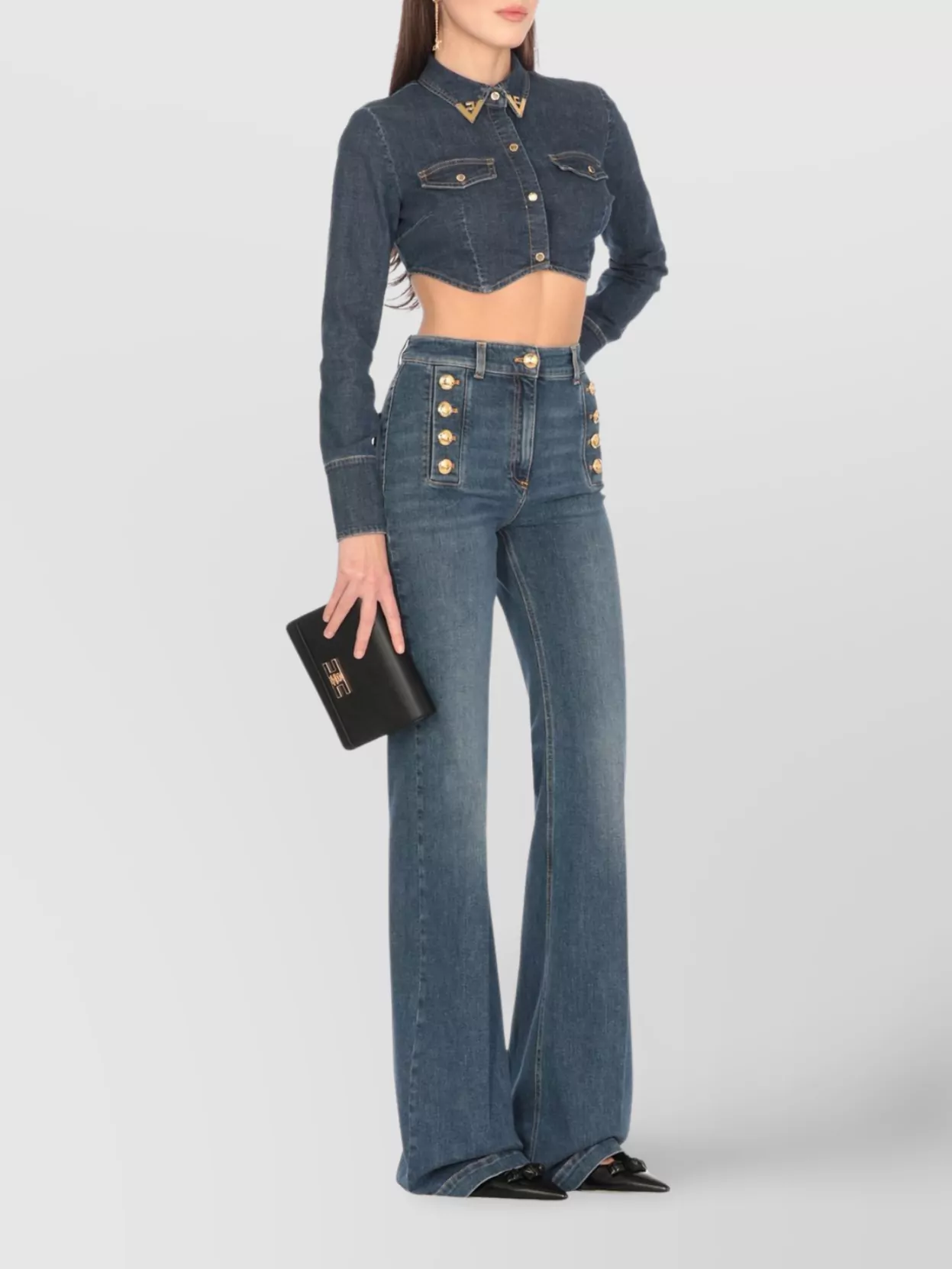 Elisabetta Franchi Cropped Denim Jacket With Flap Pockets
