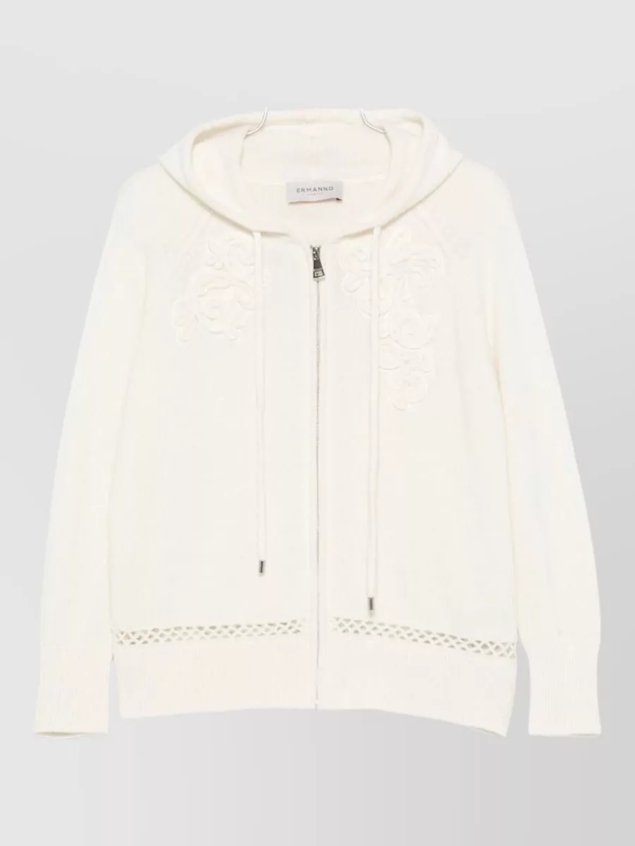 Ermanno Firenze cashmere wool floral-embroidered open-knit trim zip hoodie