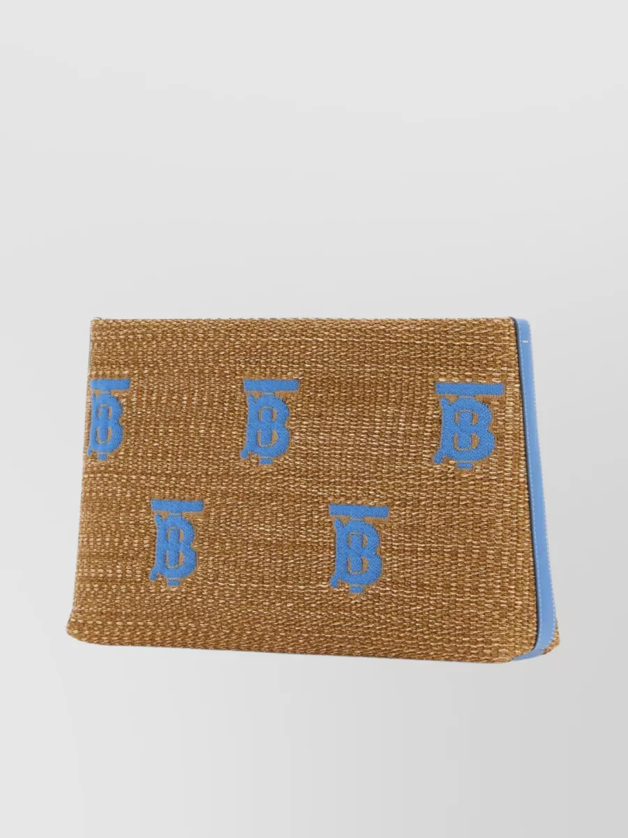 Shop Burberry Raffia Pouch With Contrasting Leather Inserts In Brown