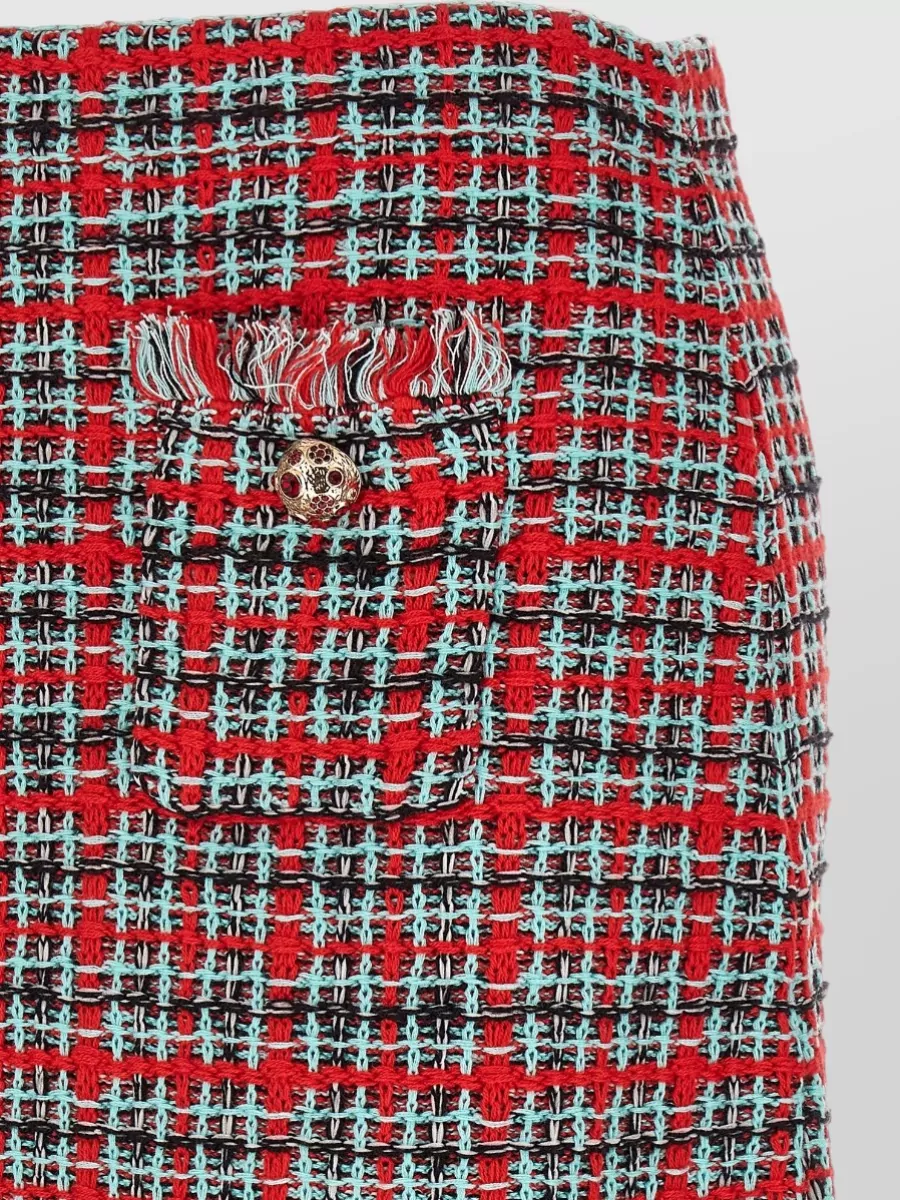 Self-Portrait Cotton Wool Checked Knit Frayed Midi A-Line Skirt