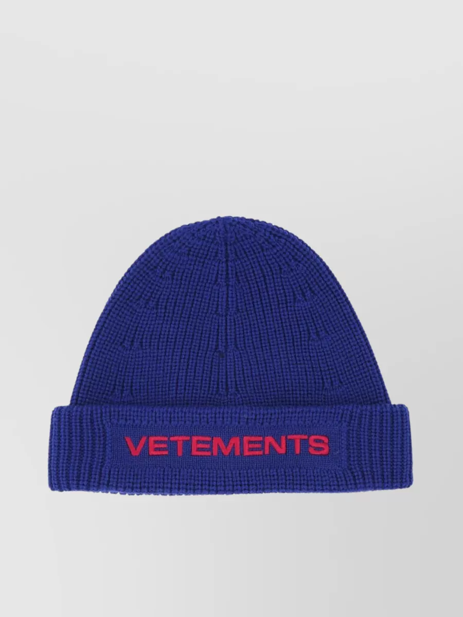 Shop Vetements Woolen Ribbed Knit Beanie With Folded Brim In Blue