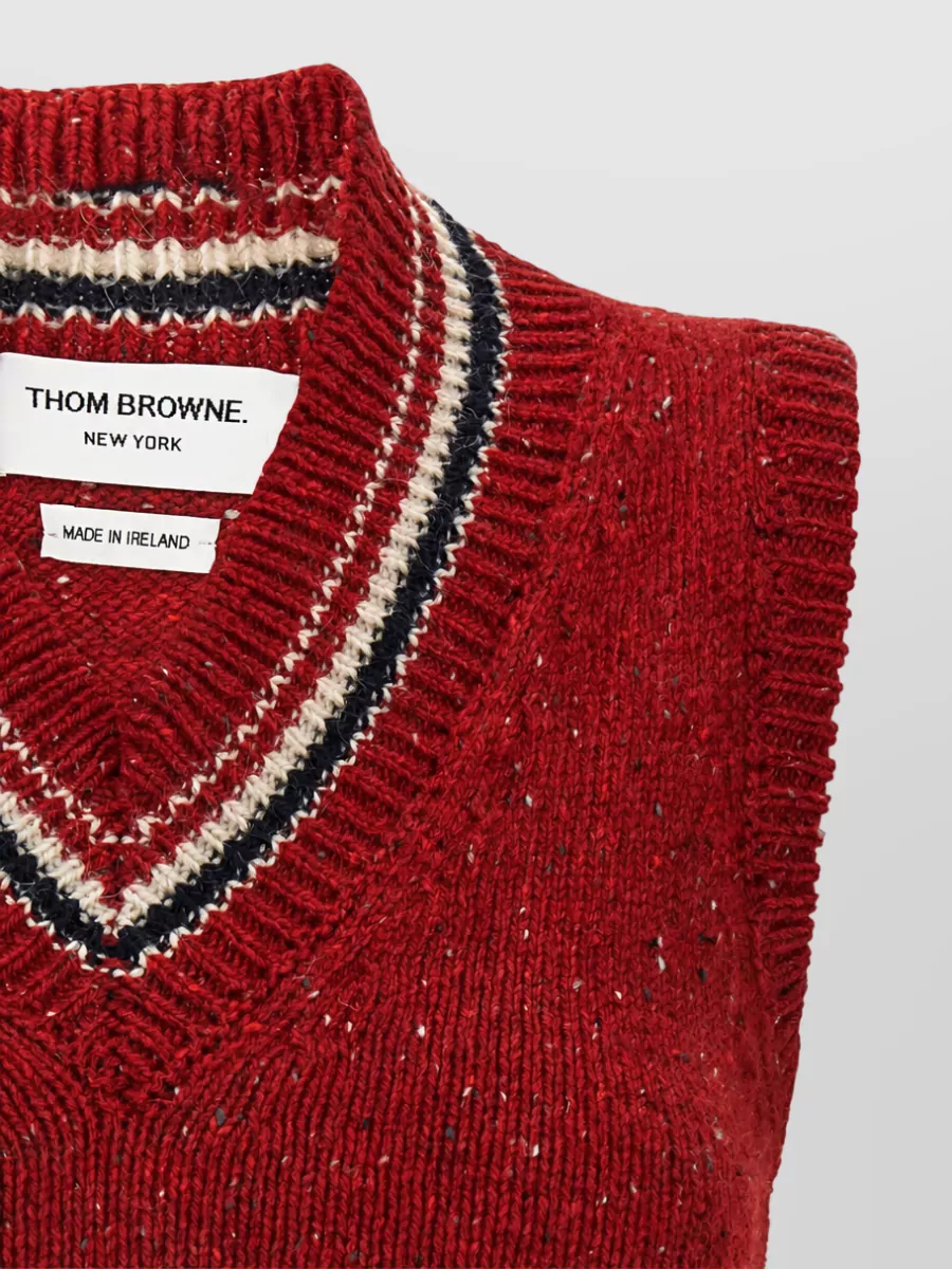 Thom Browne Wool Mohair V-Neck Sleeveless Ribbed Trim Striped Tank Top
