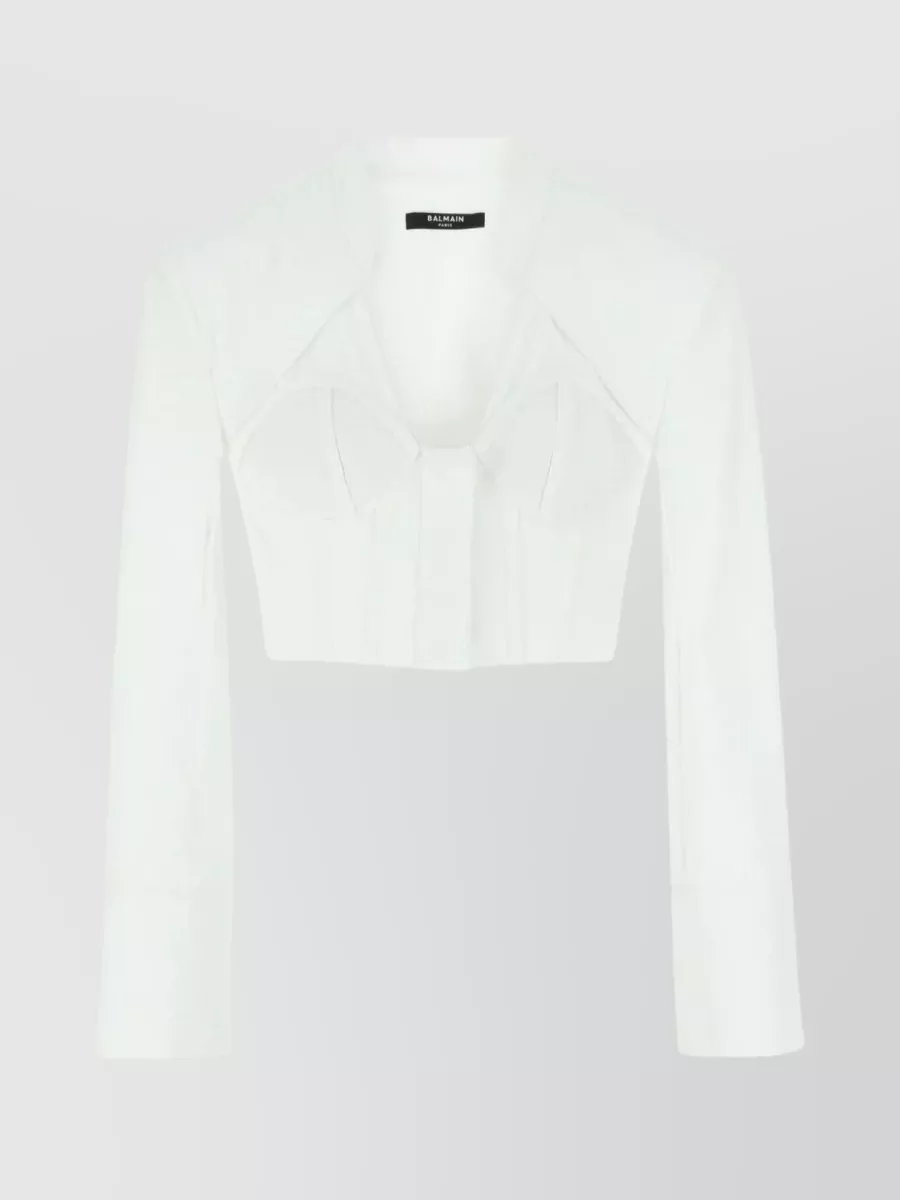 Shop Balmain Poplin Shirt With Unique Neckline And Structured Shoulders In White