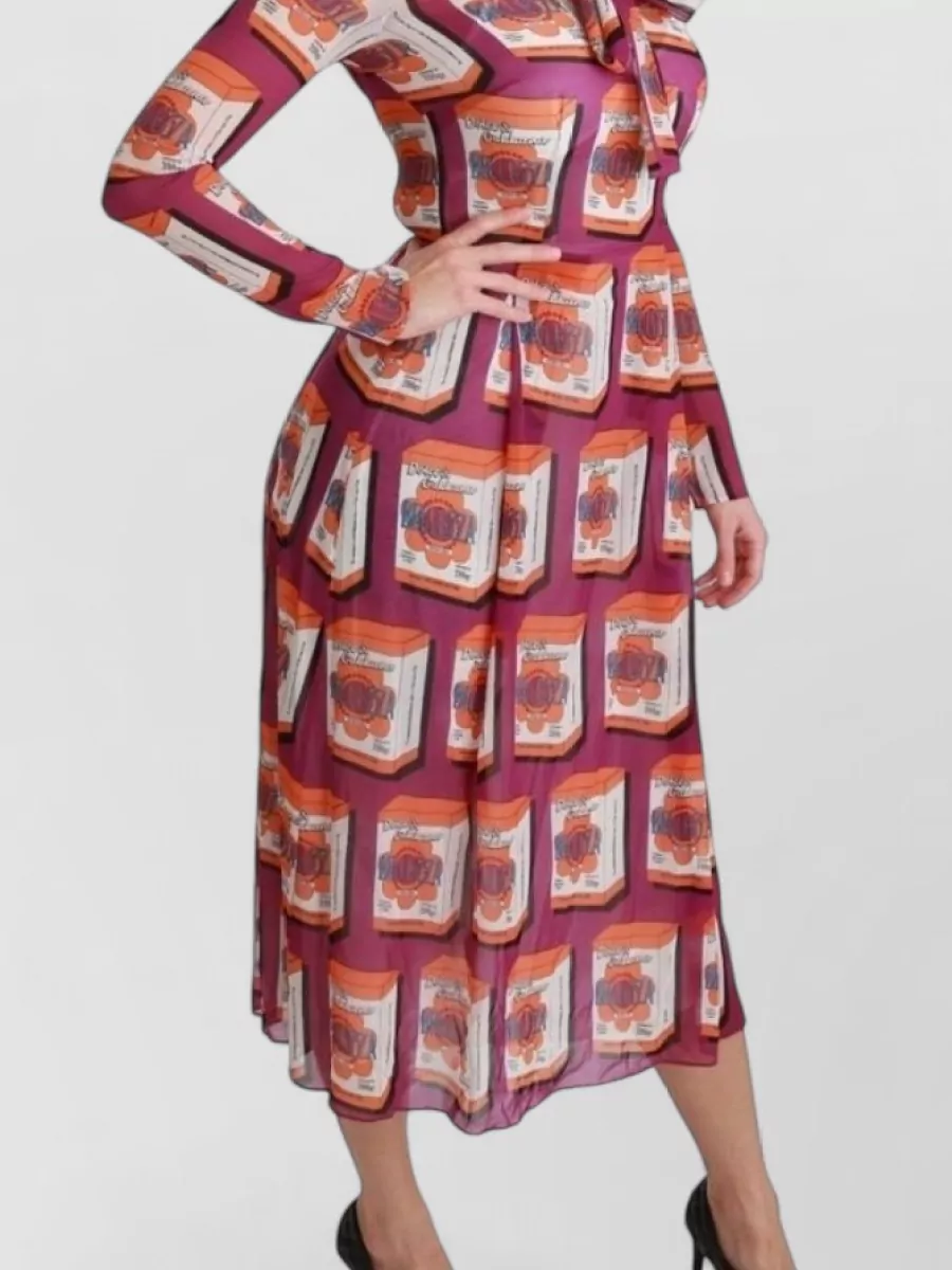 Dolce&Gabbana Silk Printed Tie-Neck Long-Sleeve Midi Dress