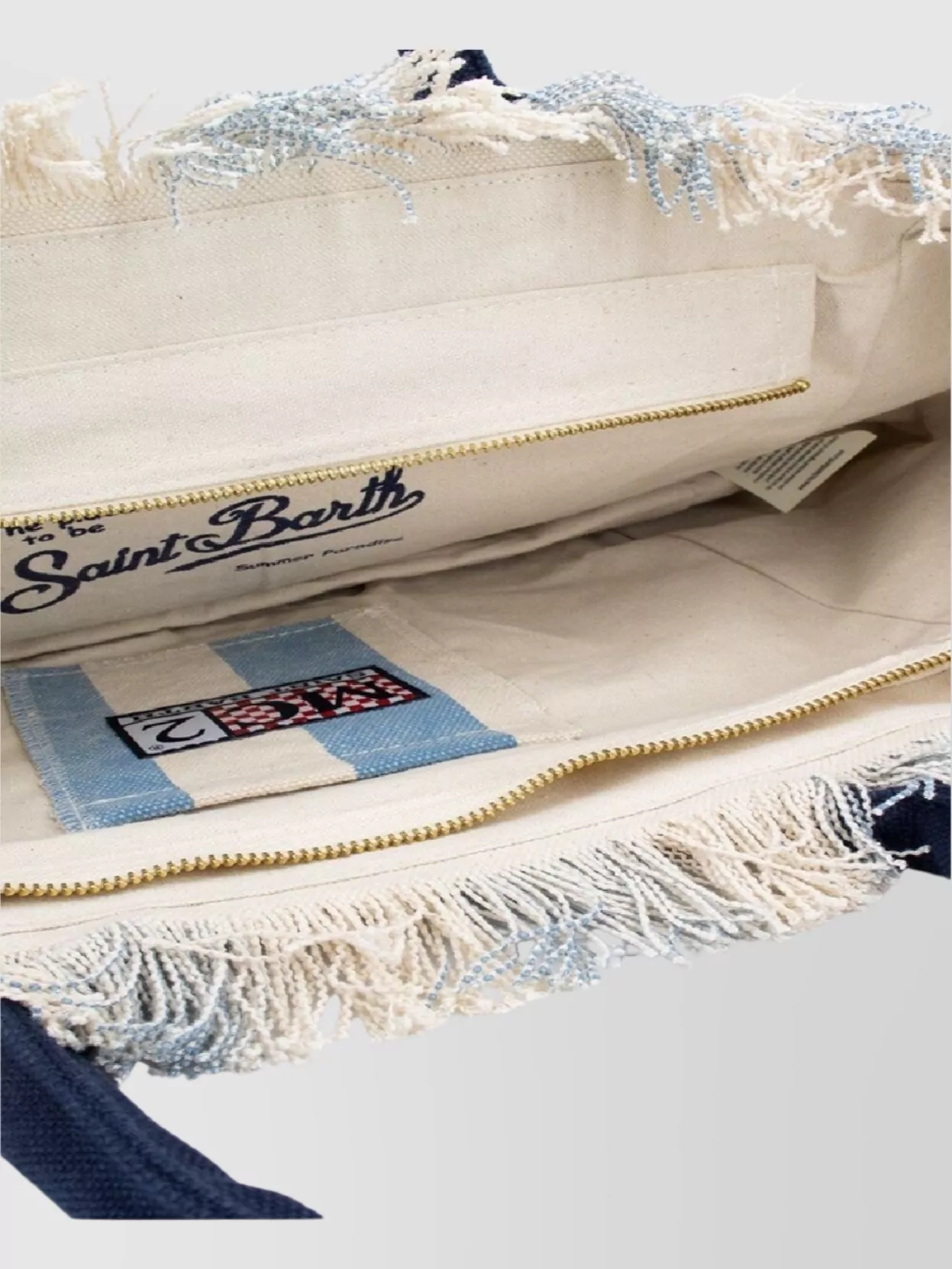 Saint Barth Striped Frayed Dual Handles Shoulder Bag In Blue