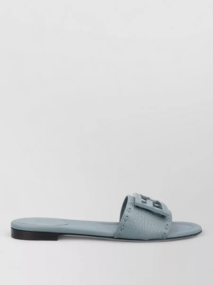 Fendi Leather Slides Buckle Detail Flat Sole In Blue