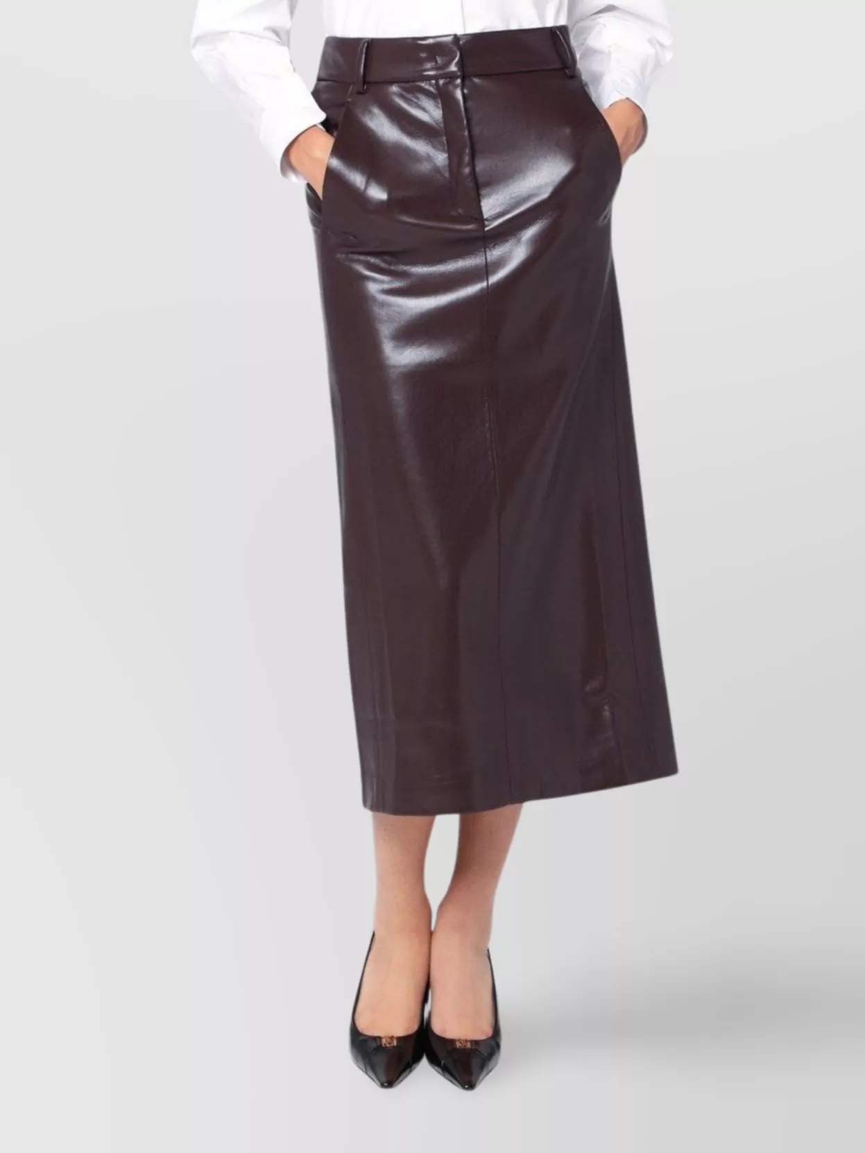 The Andamane Bordeaux Faux Leather Midi Skirt In Brown