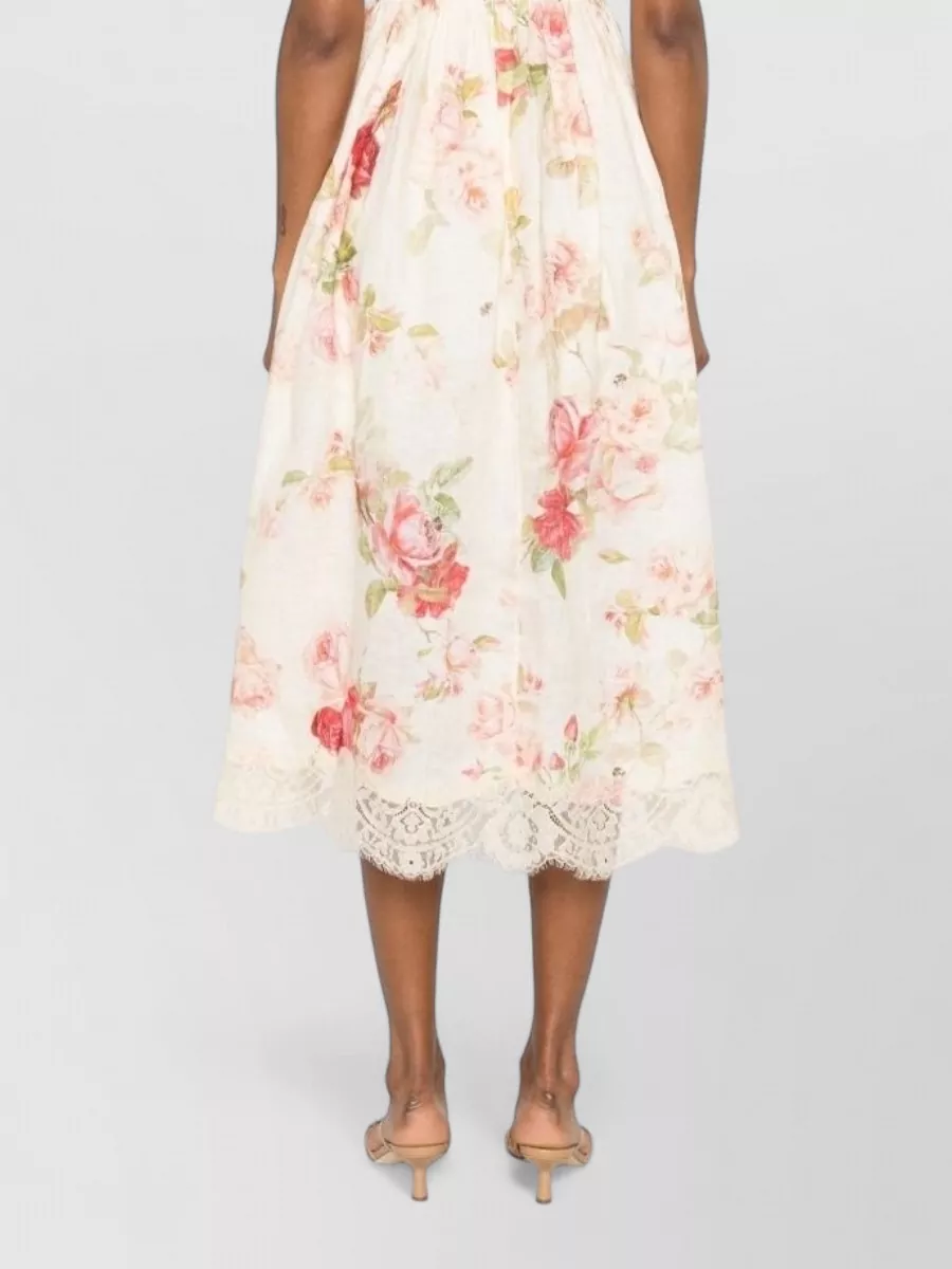 Zimmermann Linen Floral-Print Sweetheart-Neck Midi Dress
