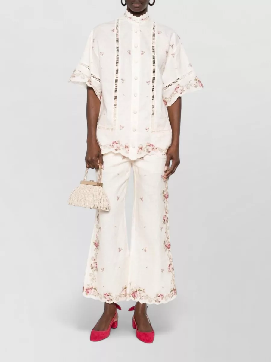 Zimmermann Floral Print Lace Trim Short Sleeve Linen Shirt