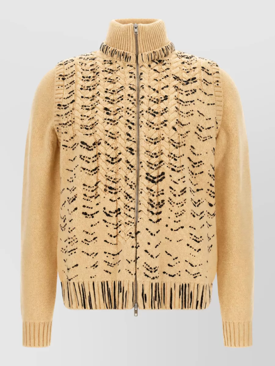 Maison Margiela virgin wool ribbed high neck openwork knit zip jacket