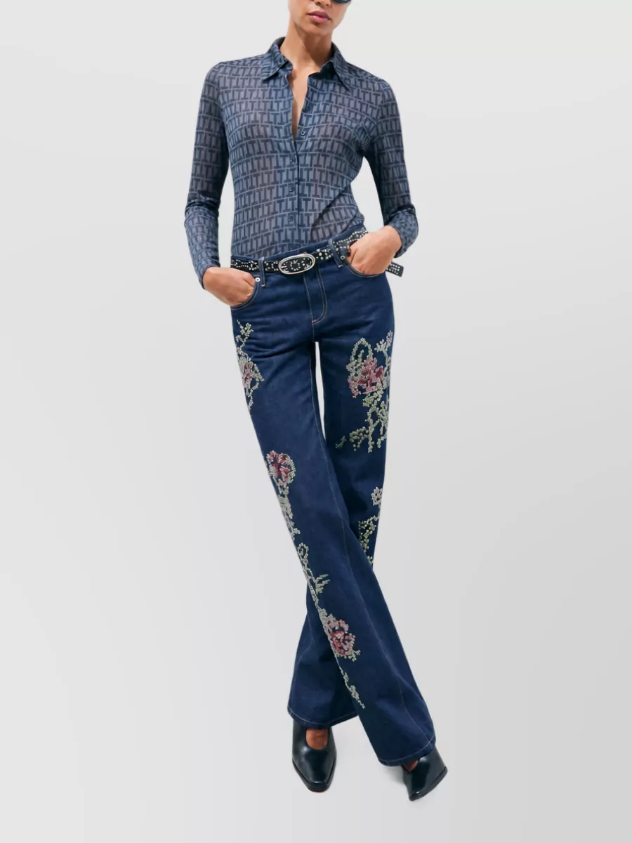 Tory Burch Embroidered Crystal-Embellished Denim Straight-Leg Jeans