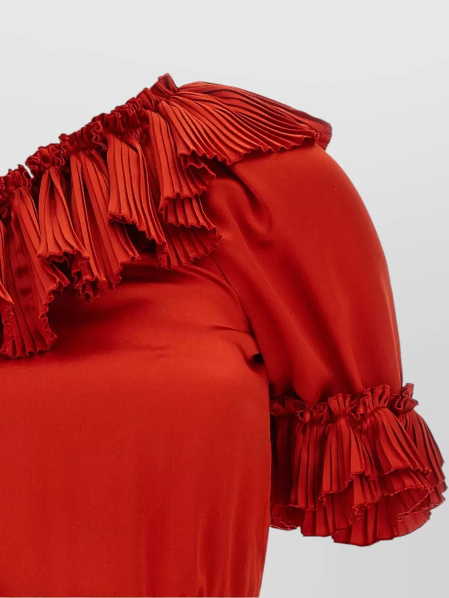 Saint Laurent Silk One-Shoulder Short-Sleeve Pleated Asymmetric Mini Dress
