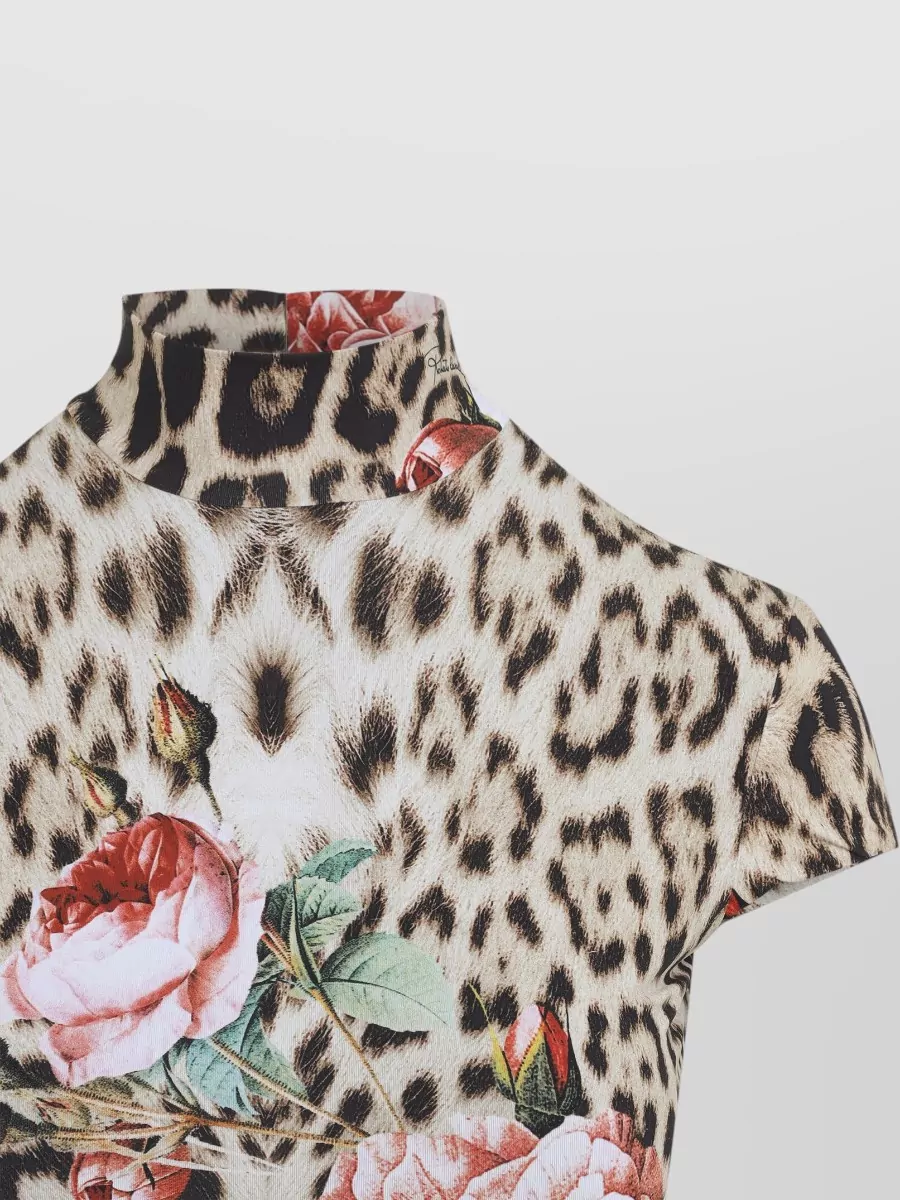 Roberto Cavalli Printed High-Neck Short-Sleeve Mini Dress