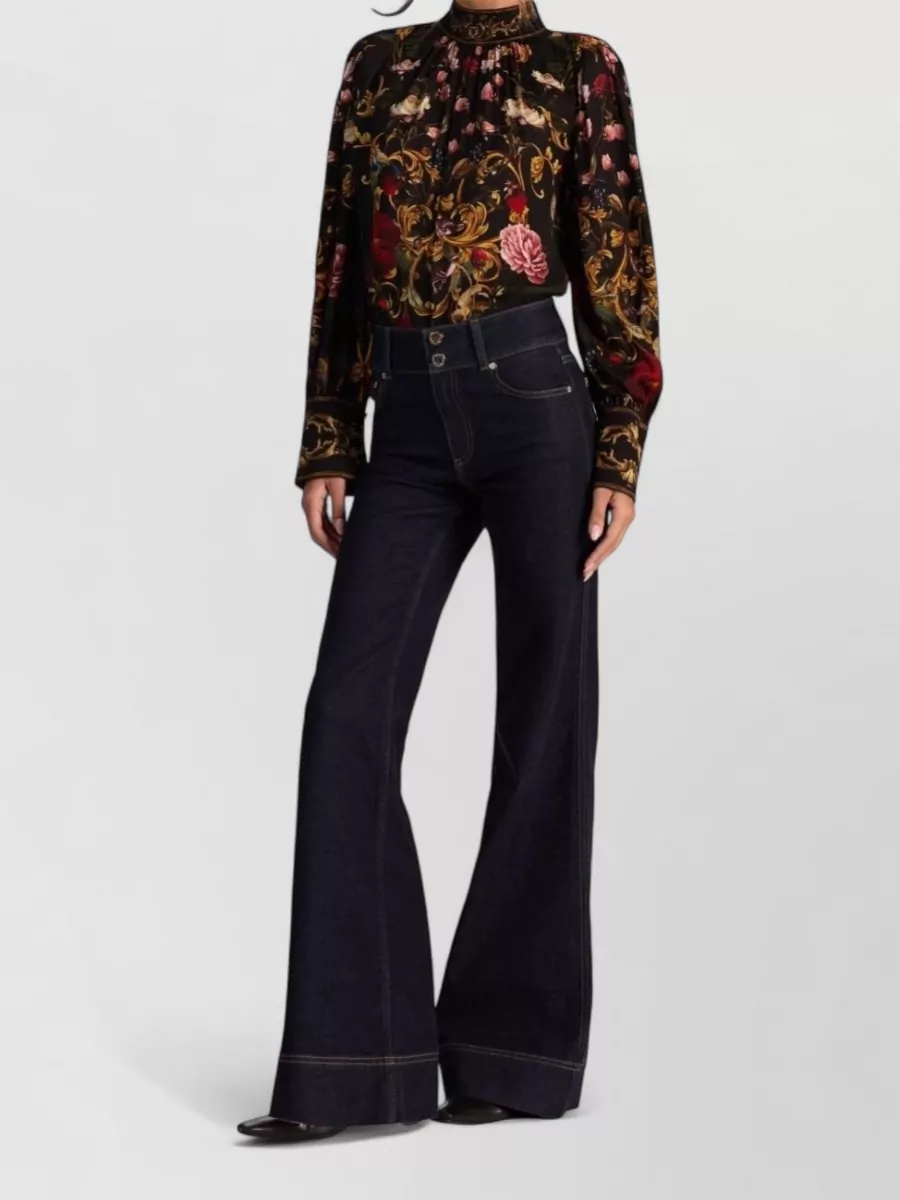 Alice + Olivia Floral-Print Mock-Neck Gathered Long-Sleeve Blouse