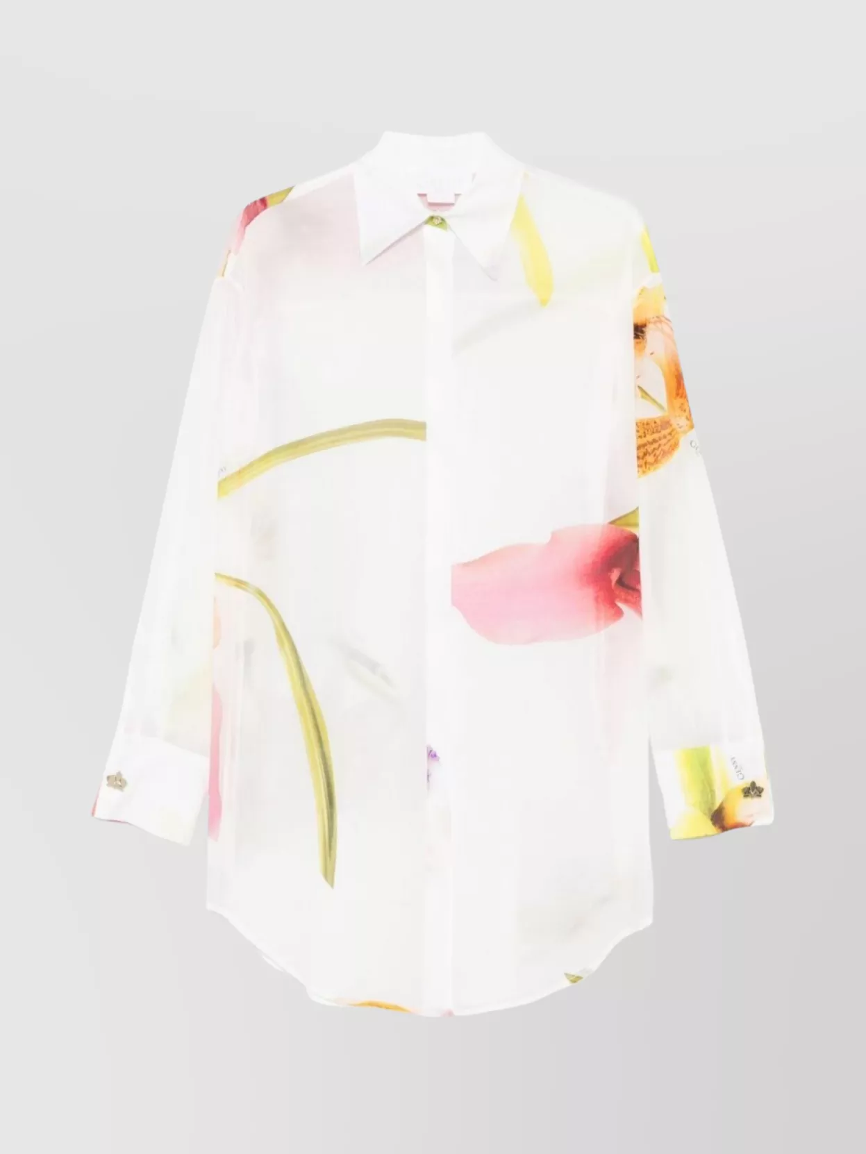 Genny Floral Print Sheer Cotton Shirt With Belted Waist In White
