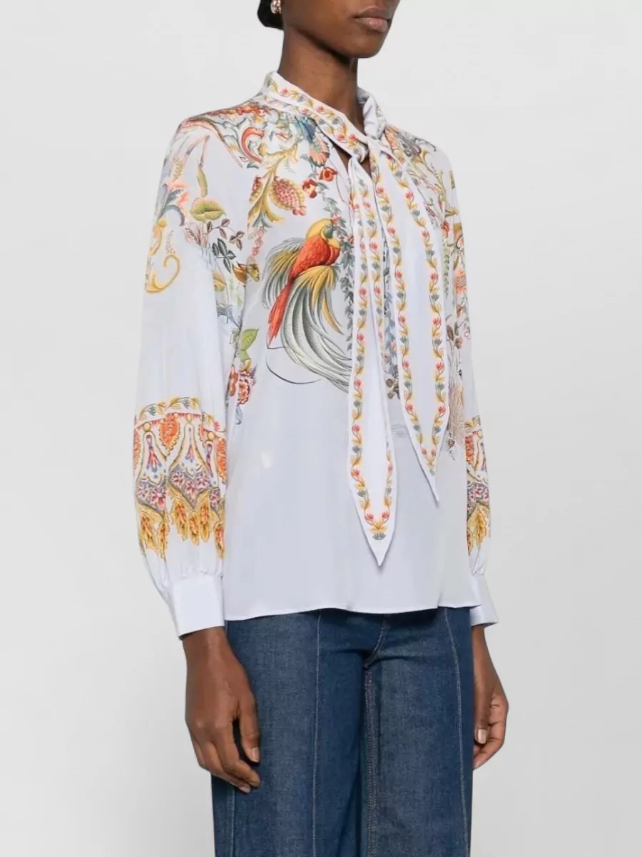 Etro Silk Floral Bird-Print Tie-Collar Blouse
