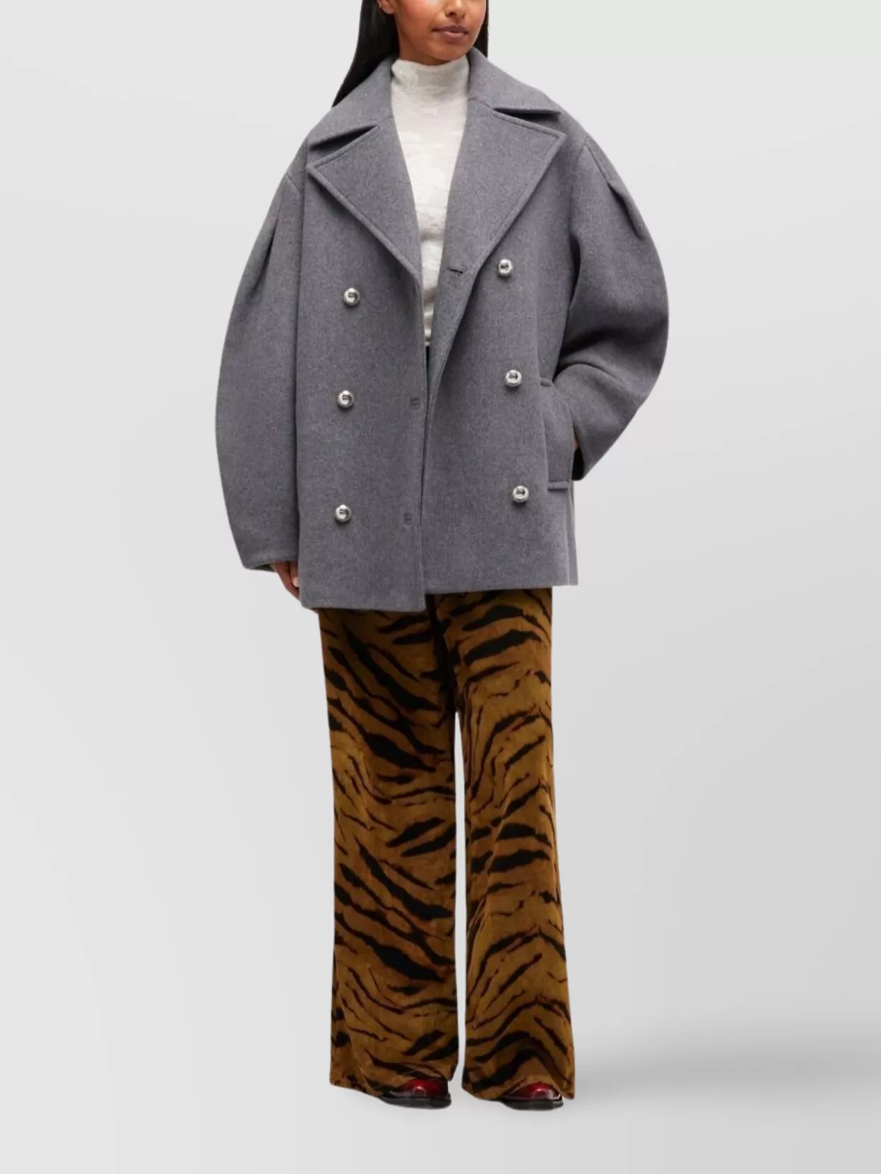 Ganni Double-breasted Oversized Coat Featuring Pockets In Gray