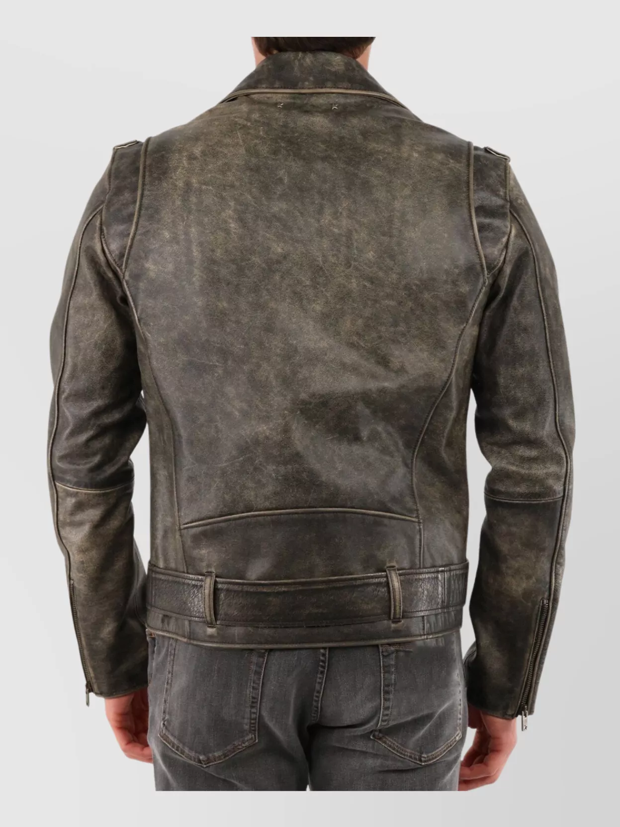 Golden Goose Distressed Leather Biker Jacket With Gold Star Detailing