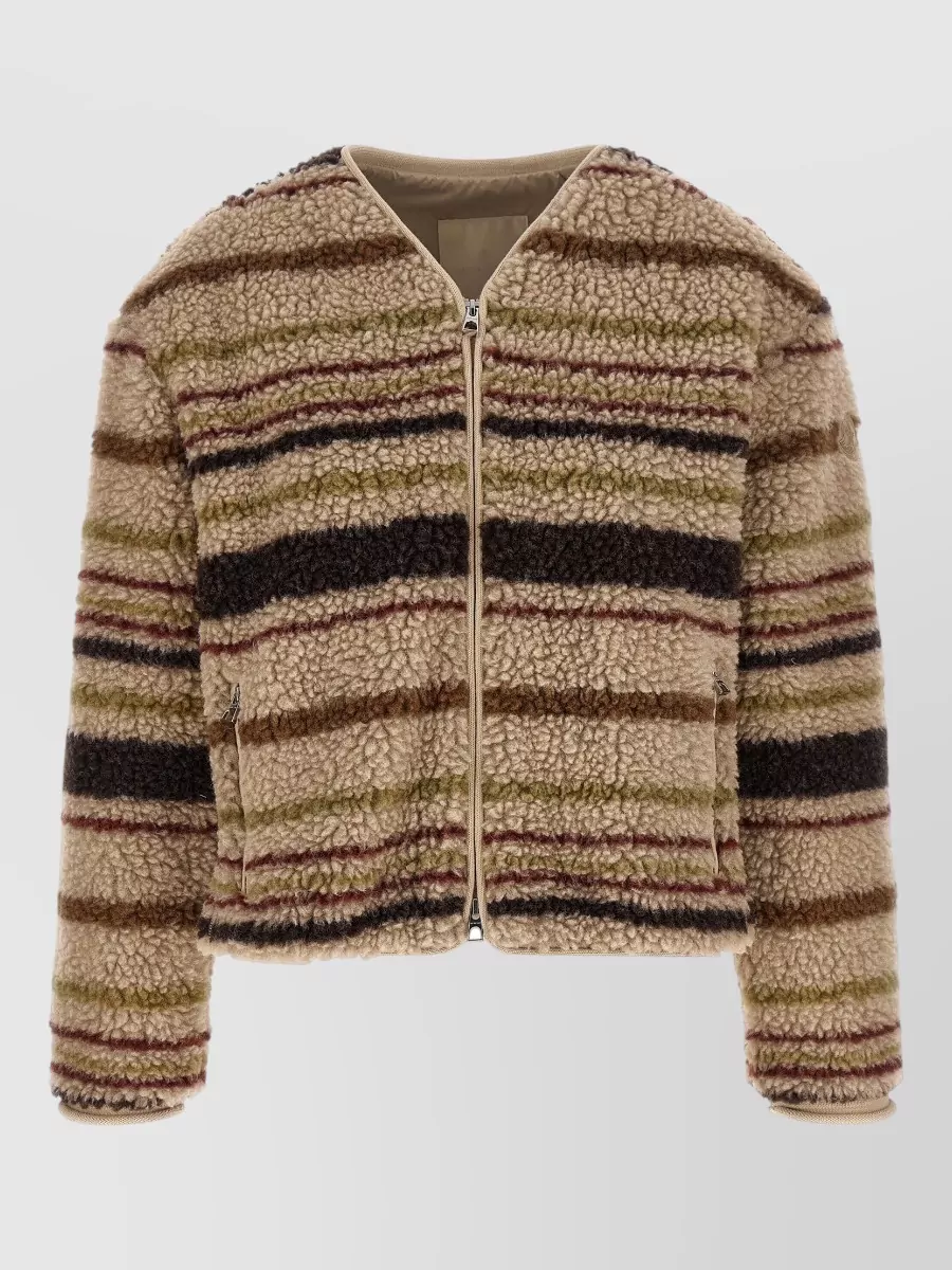 Moncler Teddy-effect striped v-neck zip-up cardigan