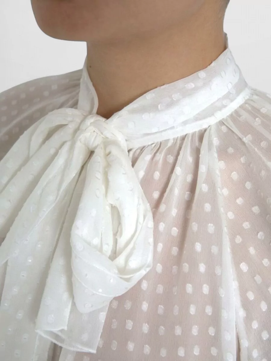 Dolce&Gabbana Silk Sheer Polka-Dot Tie-Neck Blouse
