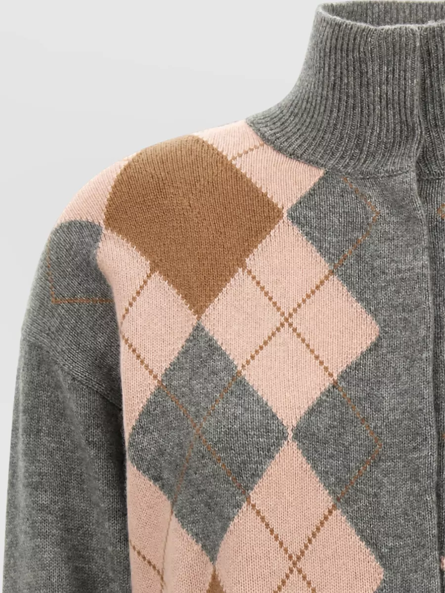 S Max Mara Cashmere Wool Argyle High Neck Cardigan