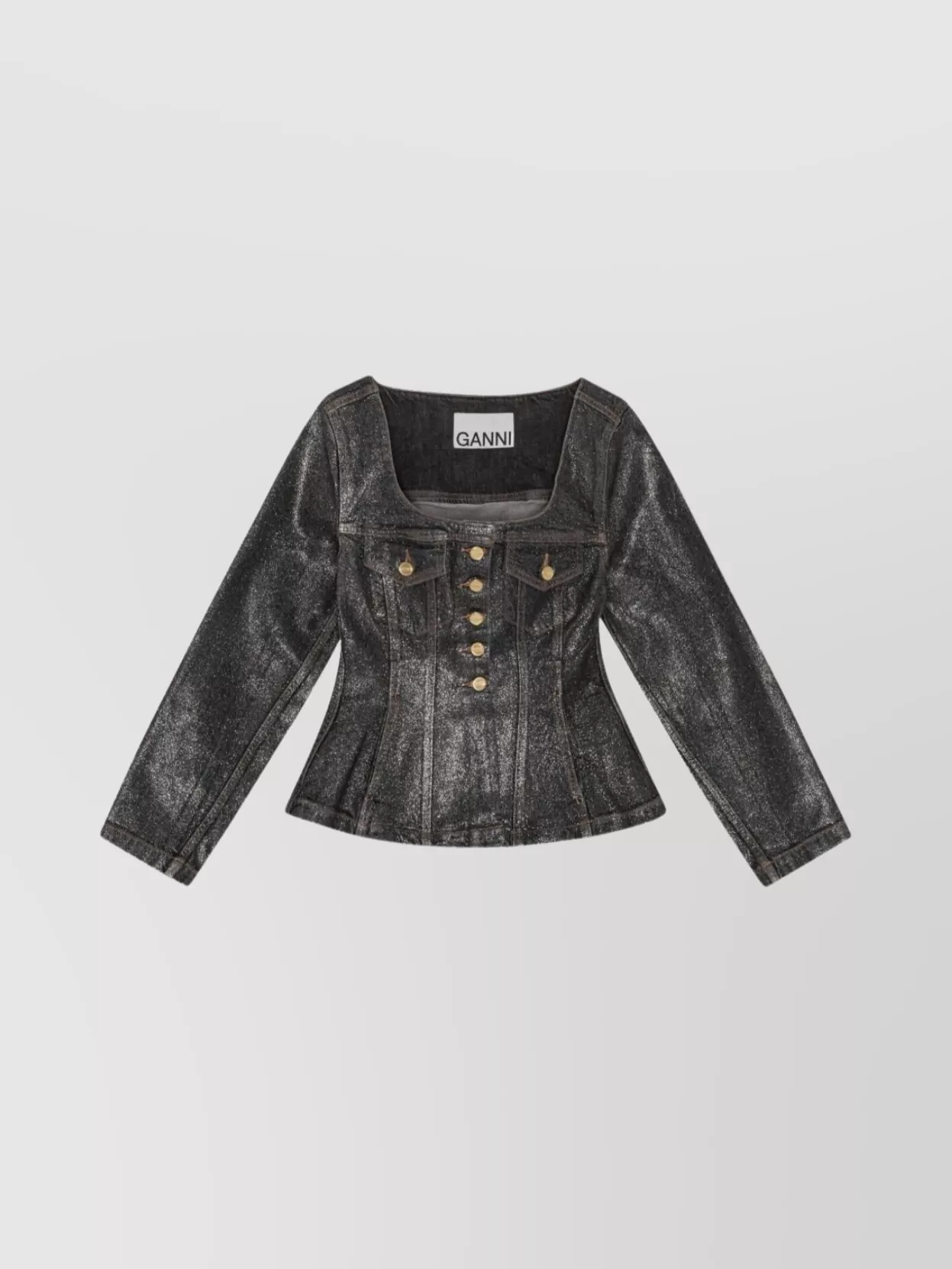 Ganni Peplum Waist Denim Cotton Blazer Jacket In Black