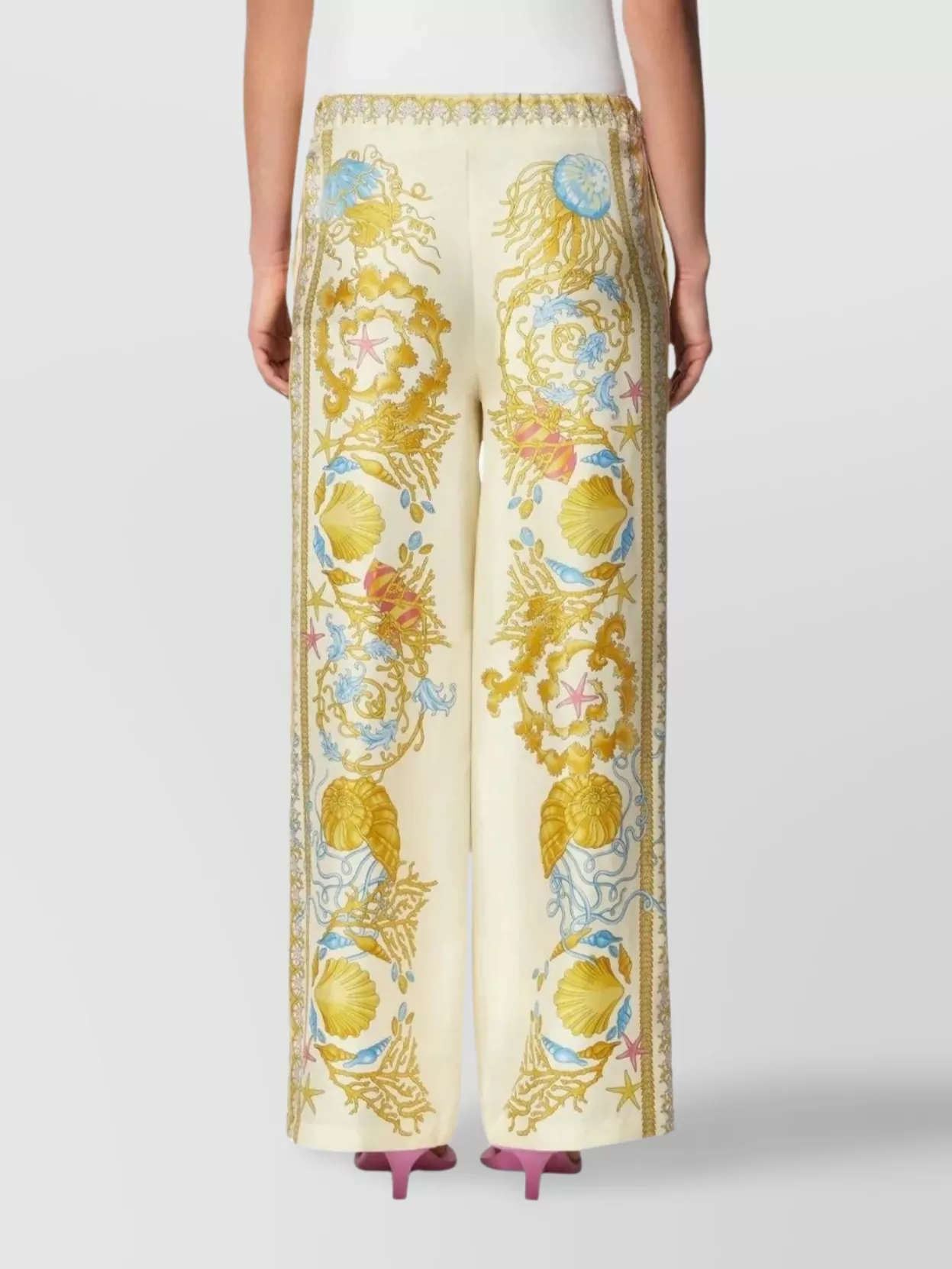 Versace Wide Leg Trousers With Underwater Baroque Print In Yellow