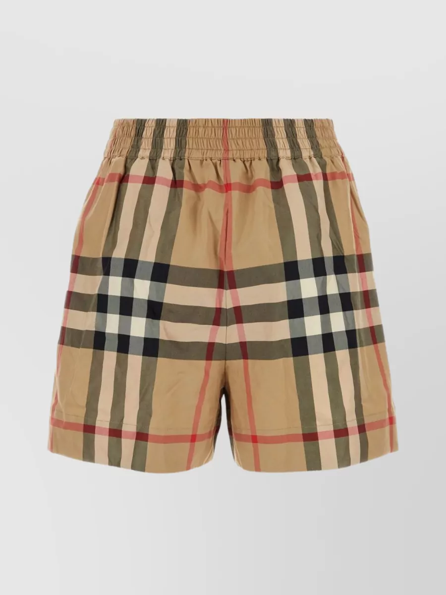 Shop Burberry Cotton Shorts With Elasticated Waistband And Plaid Pattern In Cream