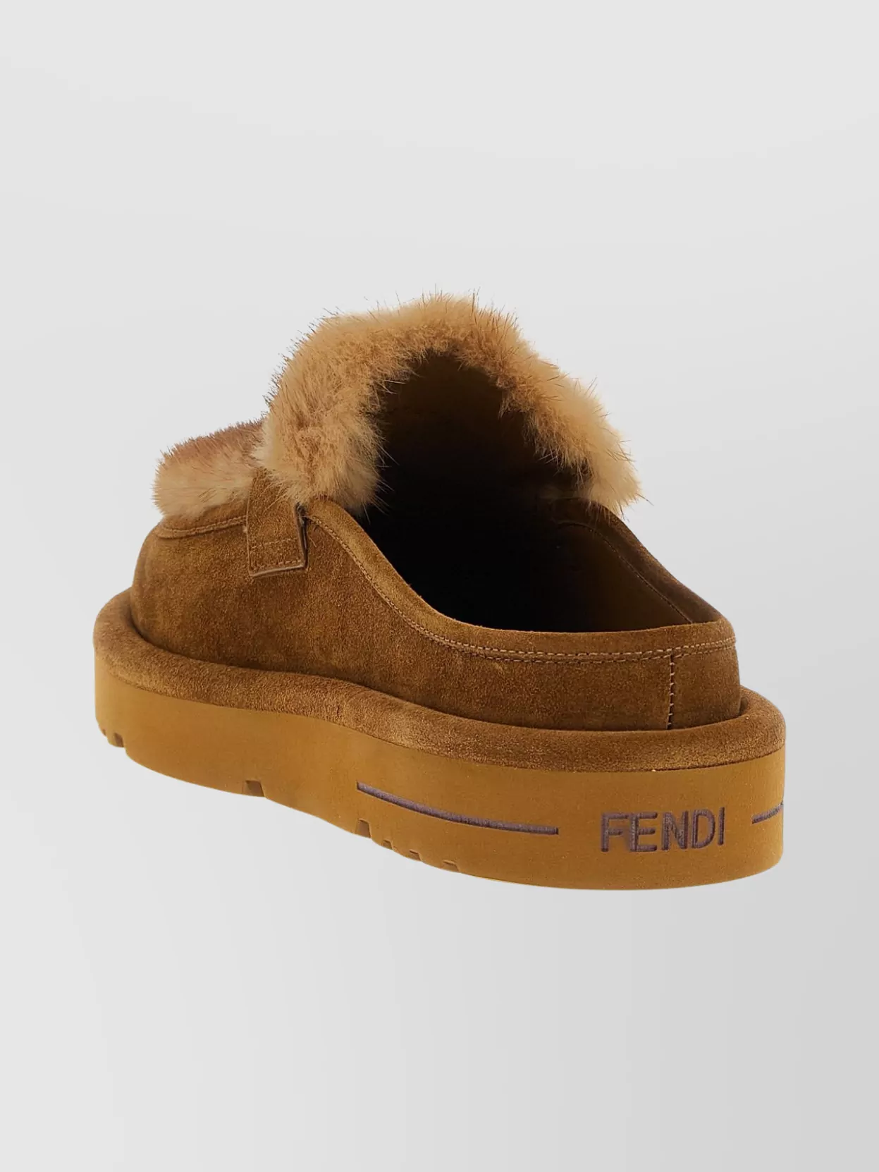 Fendi Round Toe Flat Sole Mules With Fur Trim