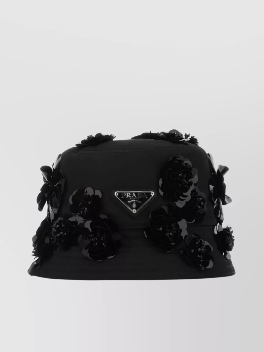 Shop Prada Nylon Bucket Hat With Wide Brim And Floral Embellishments In Black