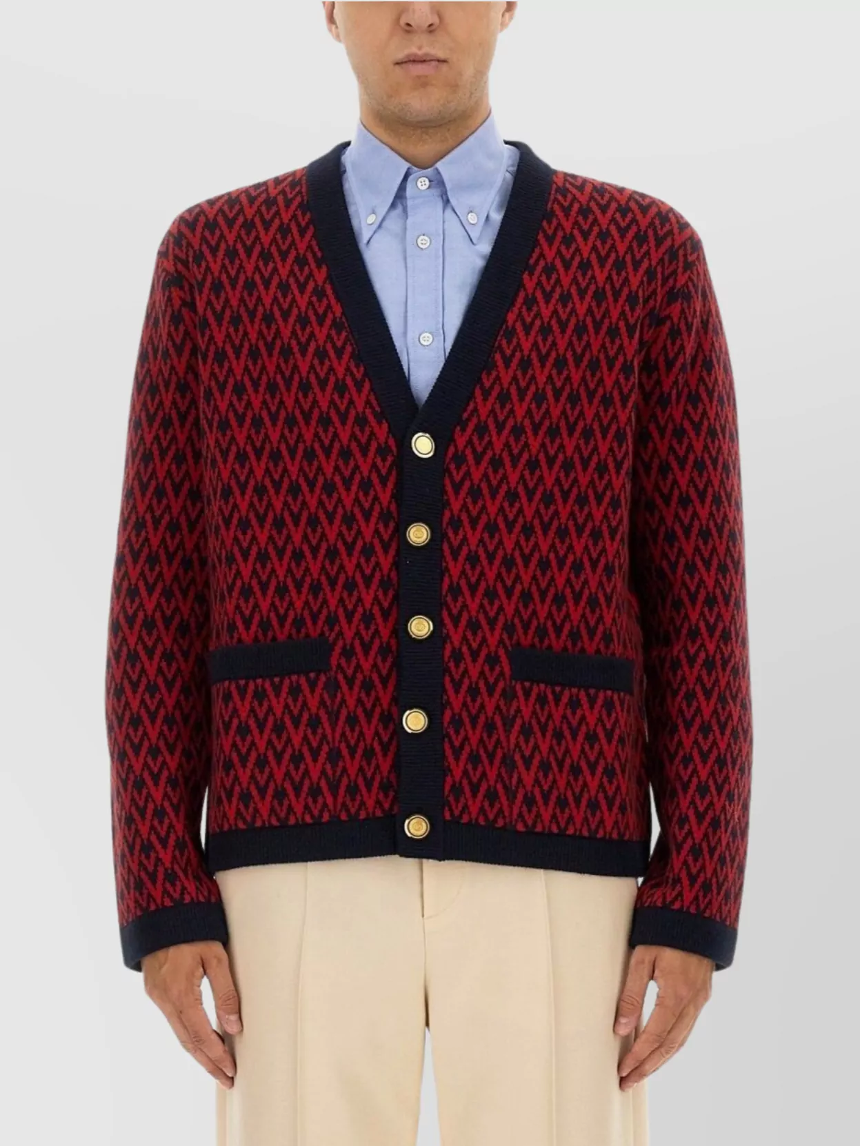 Valentino Garavani Patterned-intarsia Wool Cardigan In Red