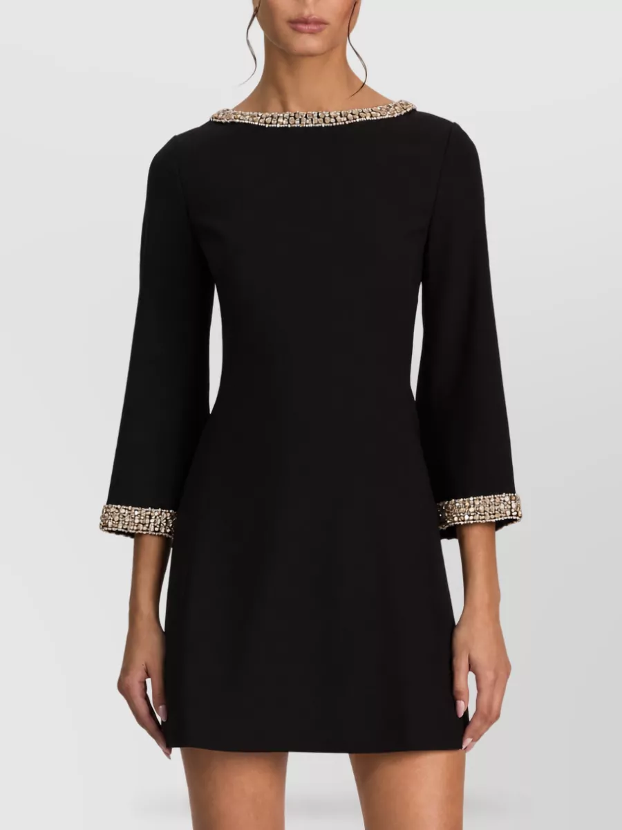 Alice + Olivia Crystal Embellished Bead Trim Boat Neck Three Quarter Sleeve Mini Dress