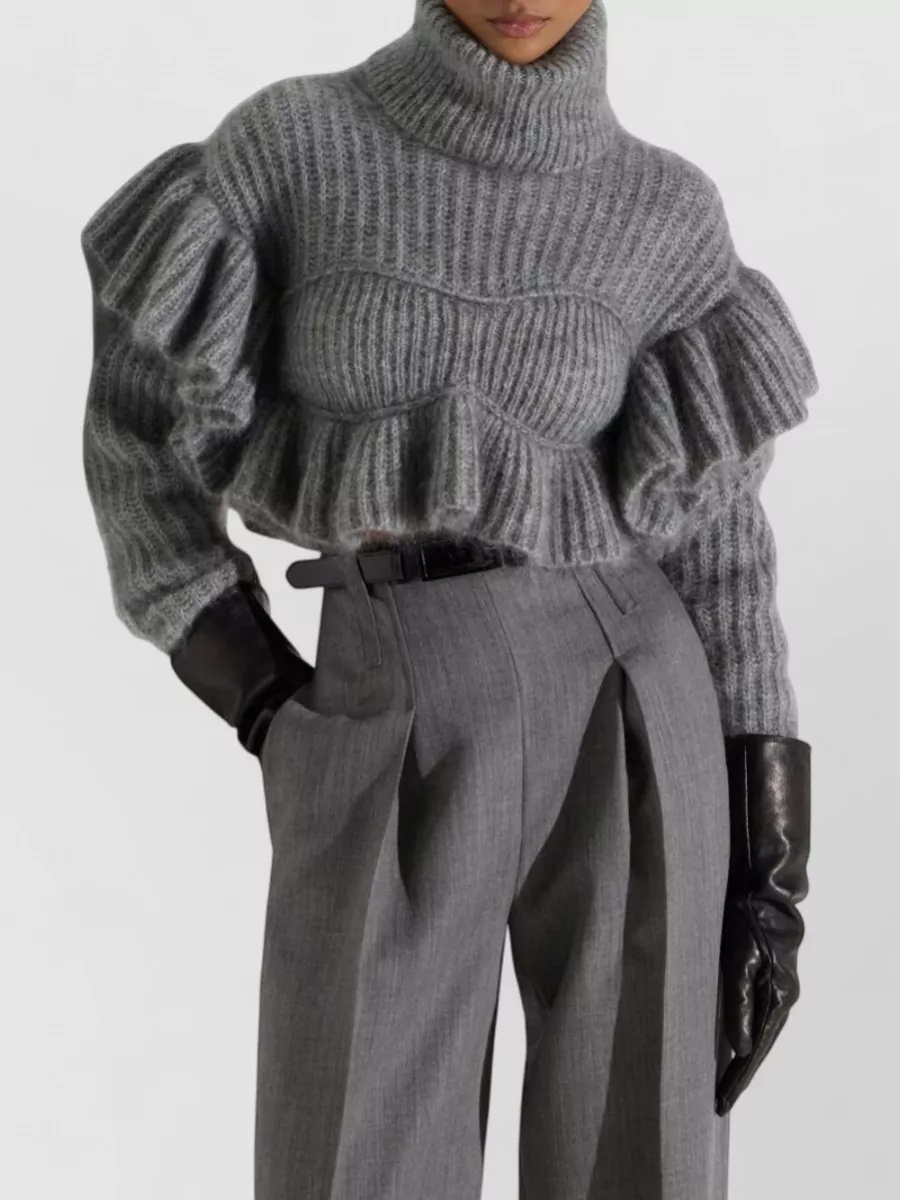 Elisabetta Franchi Mohair Ribbed Ruffled Turtleneck Cropped Sweater