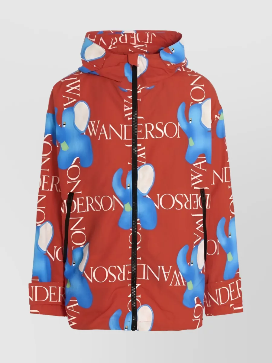 Shop Jw Anderson Elephant Print Shell Hooded Jacket In Burgundy