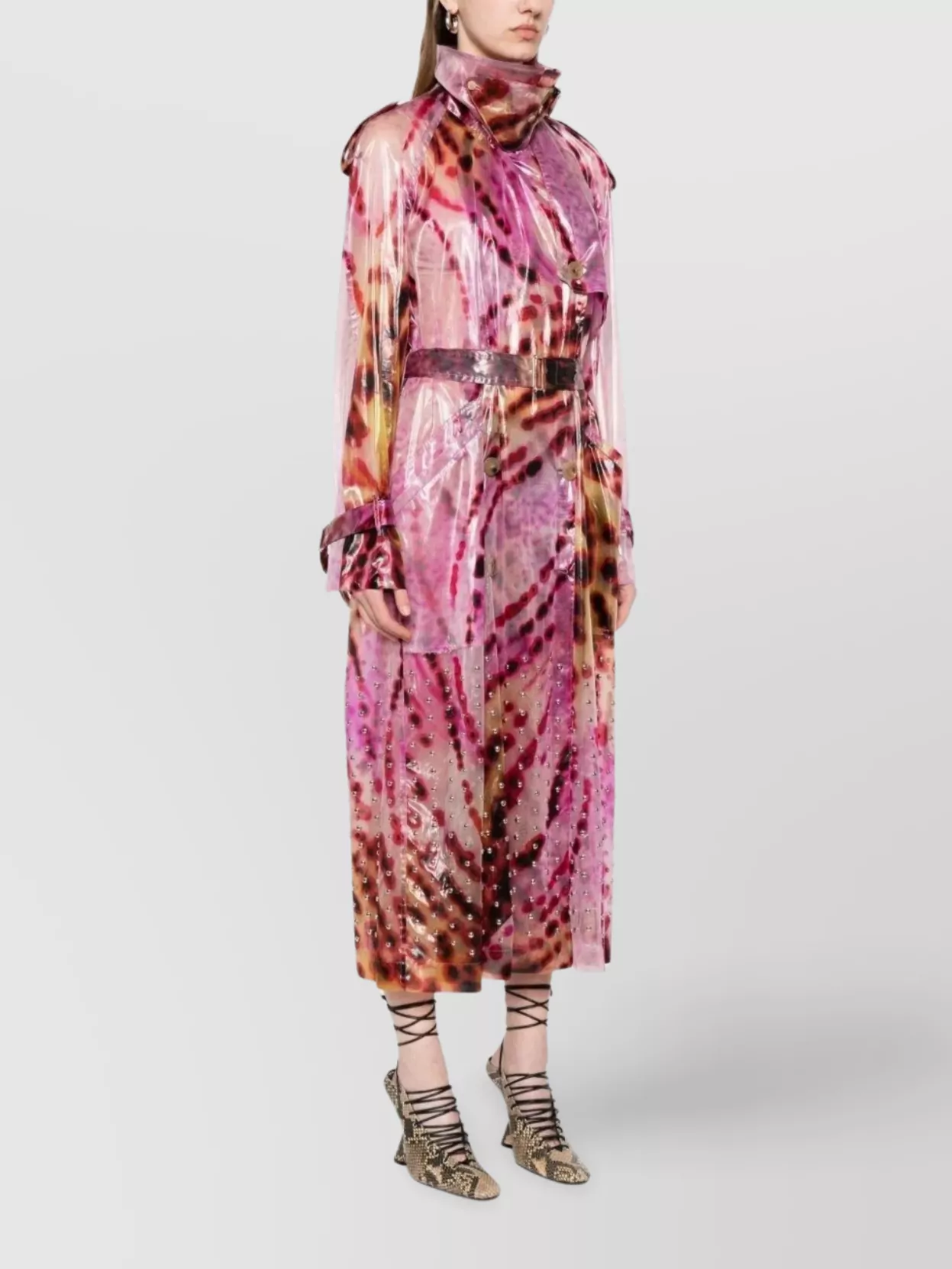 Shop Dries Van Noten Waist Belted Long Sleeve Coat With Studs