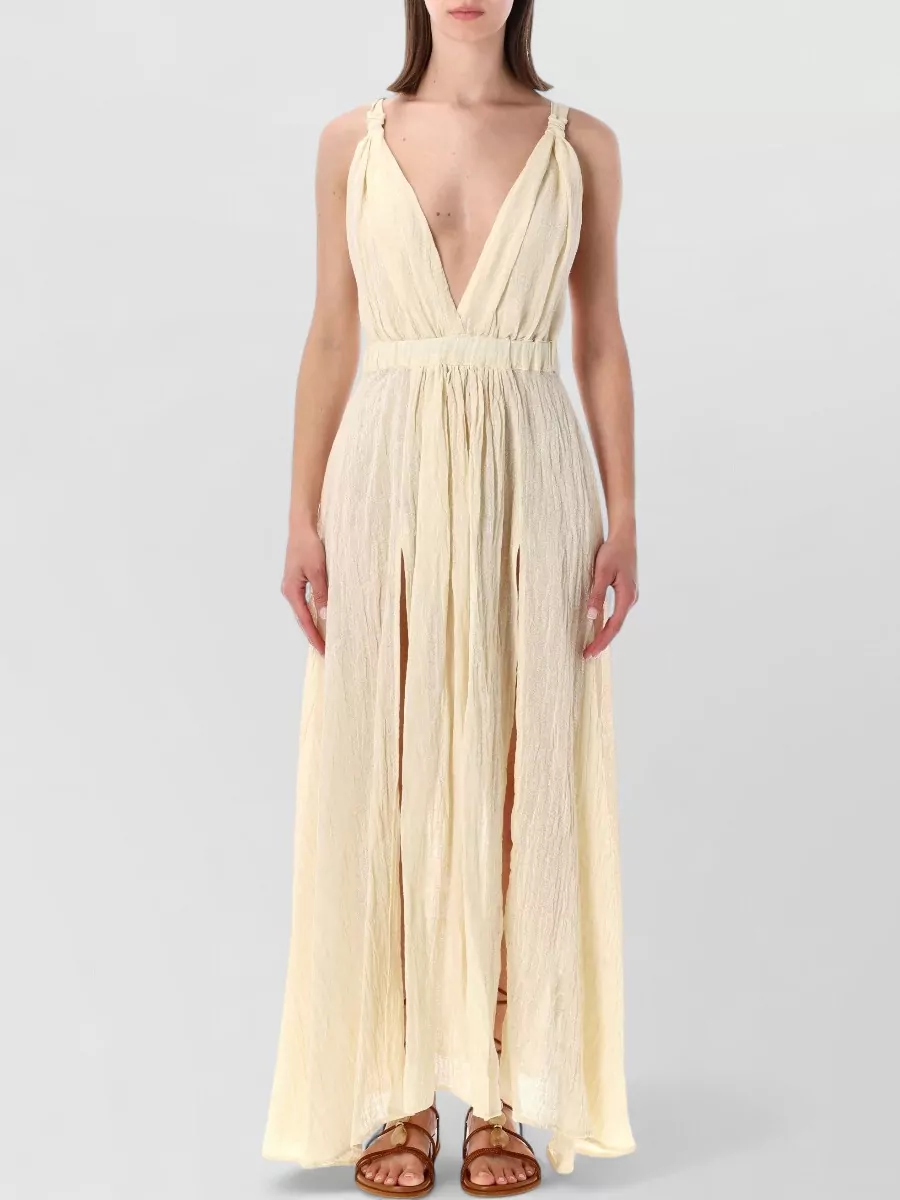 120% Lino Viscose linen crinkle-effect sleeveless deep v-neck open-back maxi dress