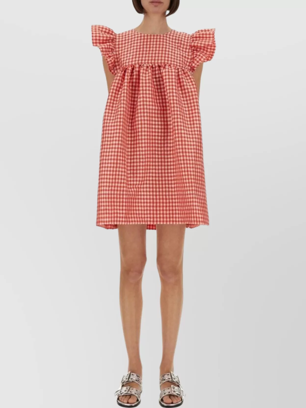 Ganni Checkered Mini Dress Ruffled Sleeves