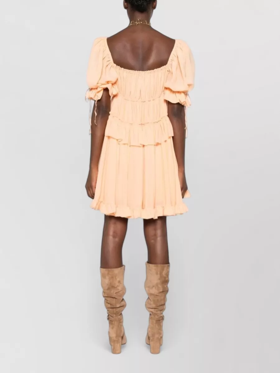 Chloé Silk Tiered Square-Neck Puff-Sleeve Mini Dress