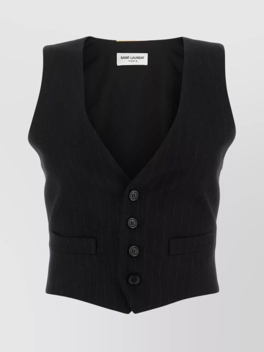 Shop Saint Laurent Structured Wool Blend Vest With Embroidered Accents In Black