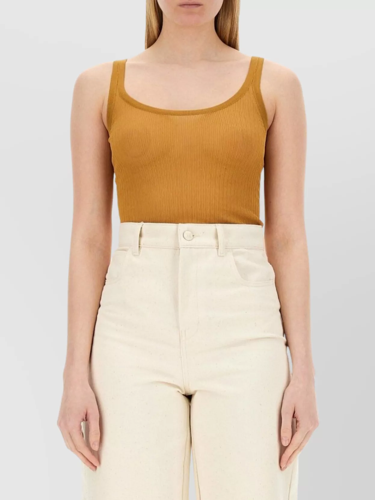 Max Mara Fitted Ribbed Scoop Neck Tank Top In Brown