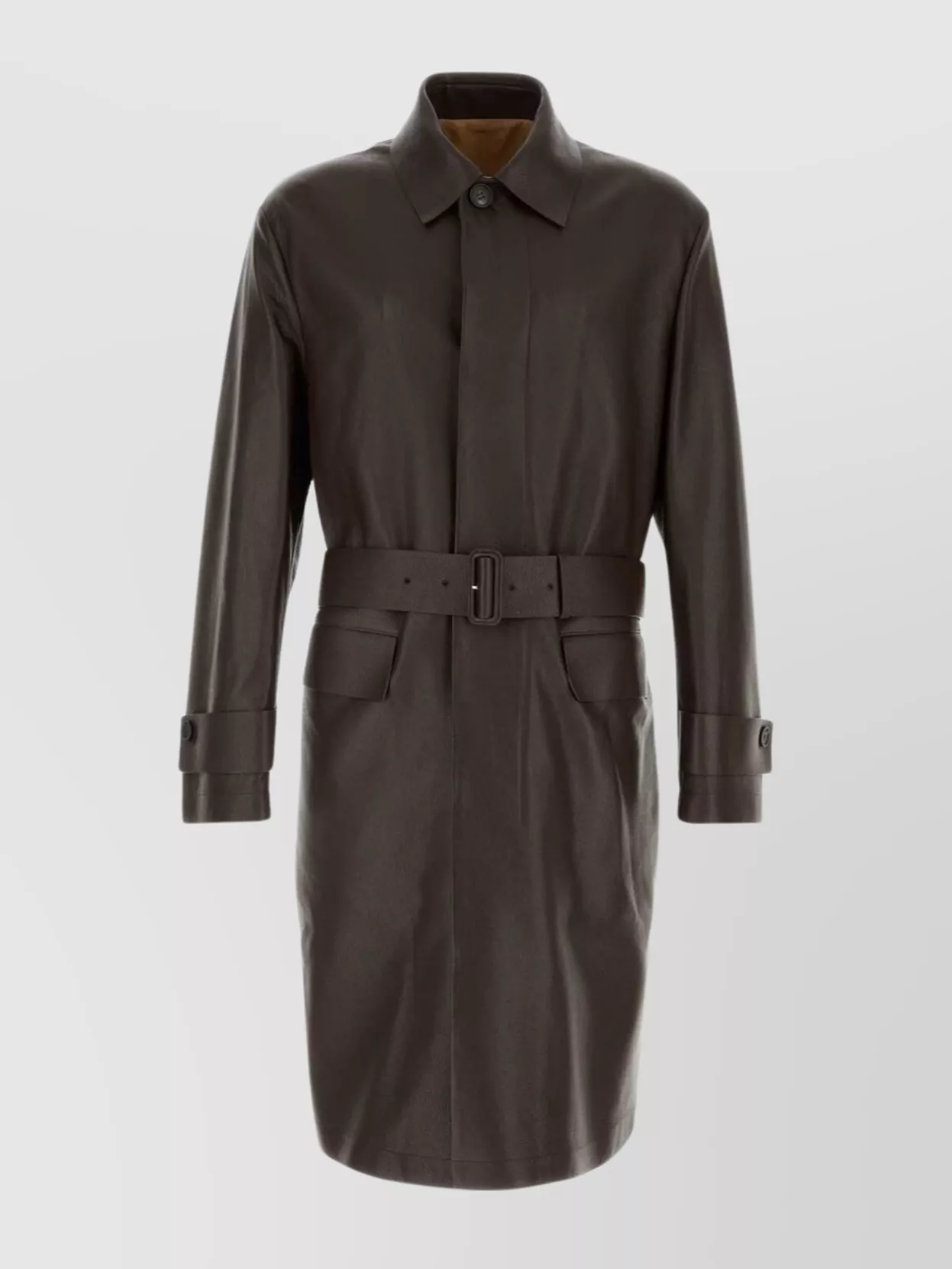 Ferragamo Long Leather Trench Coat With Belted Waist In Brown