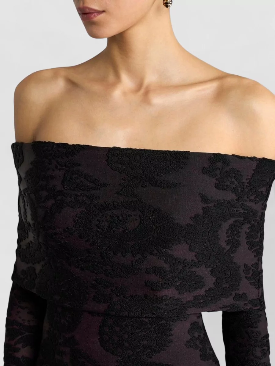 Etro Paisley Foliage-Print Off-Shoulder Long-Sleeve Mini Dress