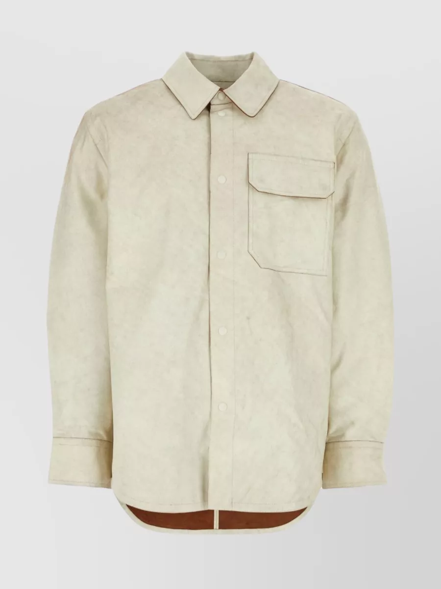 Shop Helmut Lang Italian Collar Leather Shirt In Beige