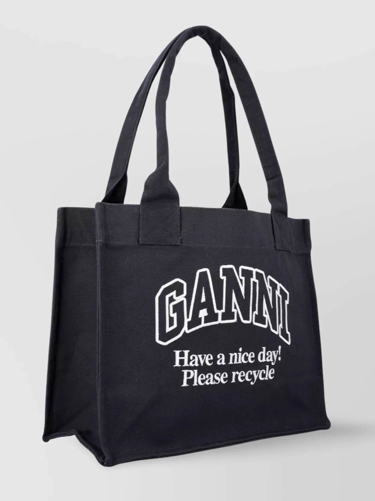 Ganni Black Shopper With Embroidered Logo On The Front In Denim Woman