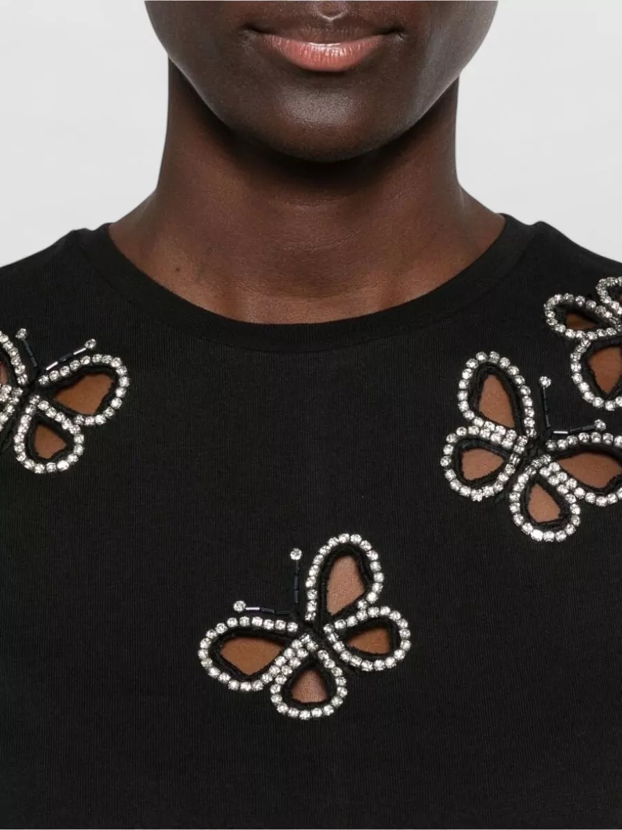 Alice + Olivia Cotton Crystal Embellished Cutout T-Shirt