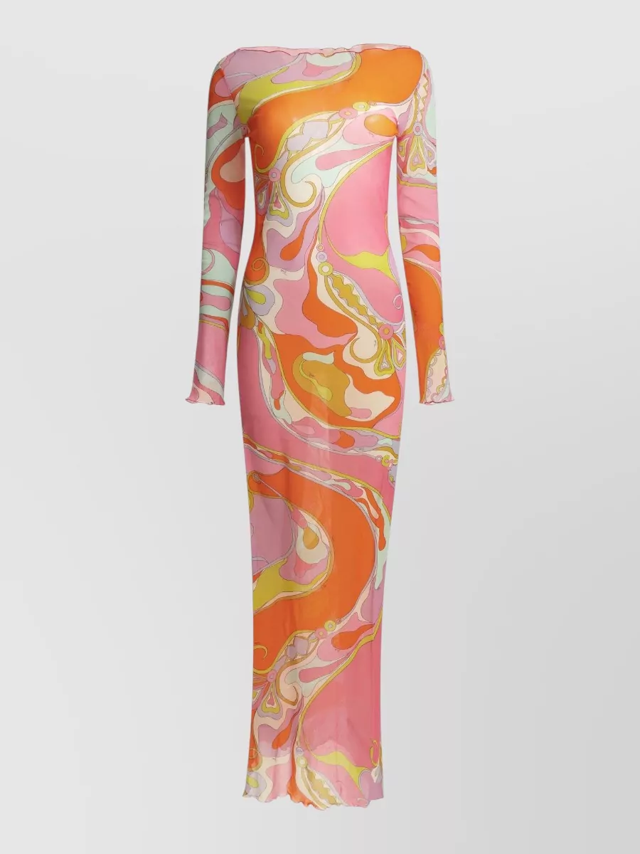 Pucci Printed tulle long-sleeve boat neck maxi dress