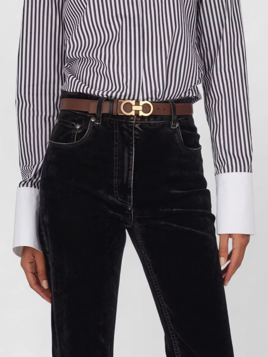 Ferragamo Adjustable Reversible Slim Belt Gancini In Brown