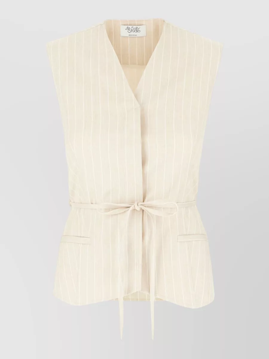 Le Sully Studio Jacket And Vest V Neck Striped Belted In White