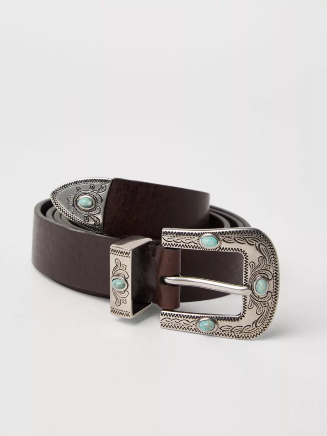 Brunello Cucinelli Leather Belt With Turquoise Stone Embellishments
